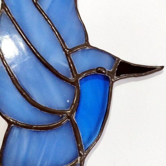 Vintage Stained Glass Sun Catcher Set 2 Hummingbird Iris Blue Violet Purple Hand - Picture 4 of 10